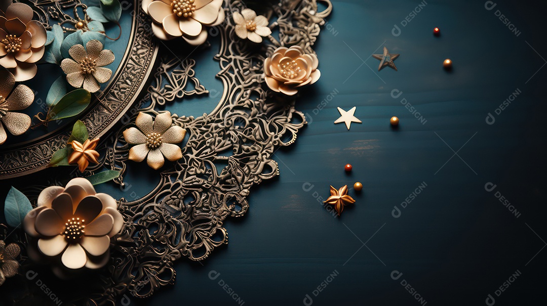 Moldura sobre fundo preto e azul com flores e folhas douradas.