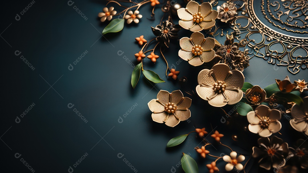 Moldura sobre fundo preto e azul com flores e folhas douradas.)