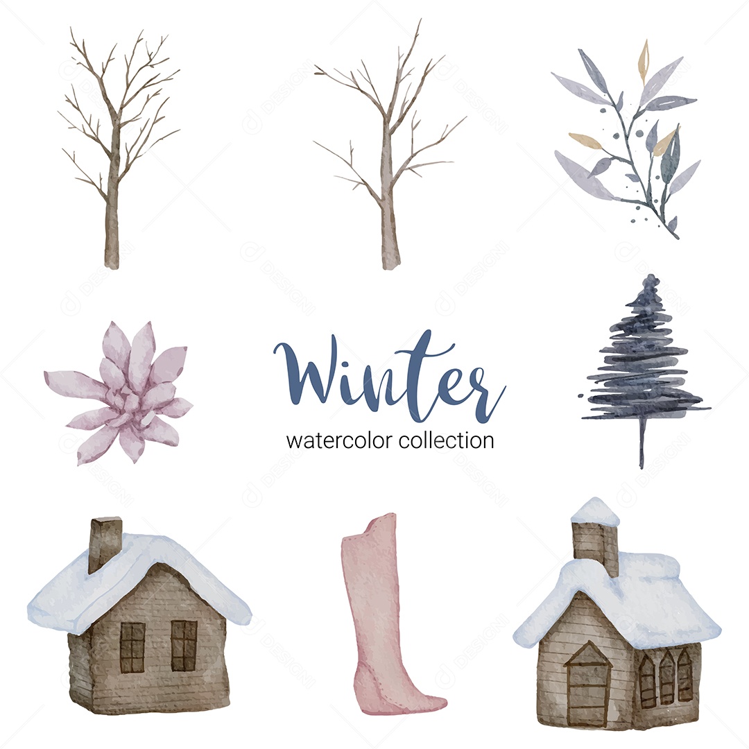 Coleção Aquarela de Inverno Ilustração Vetor EPS