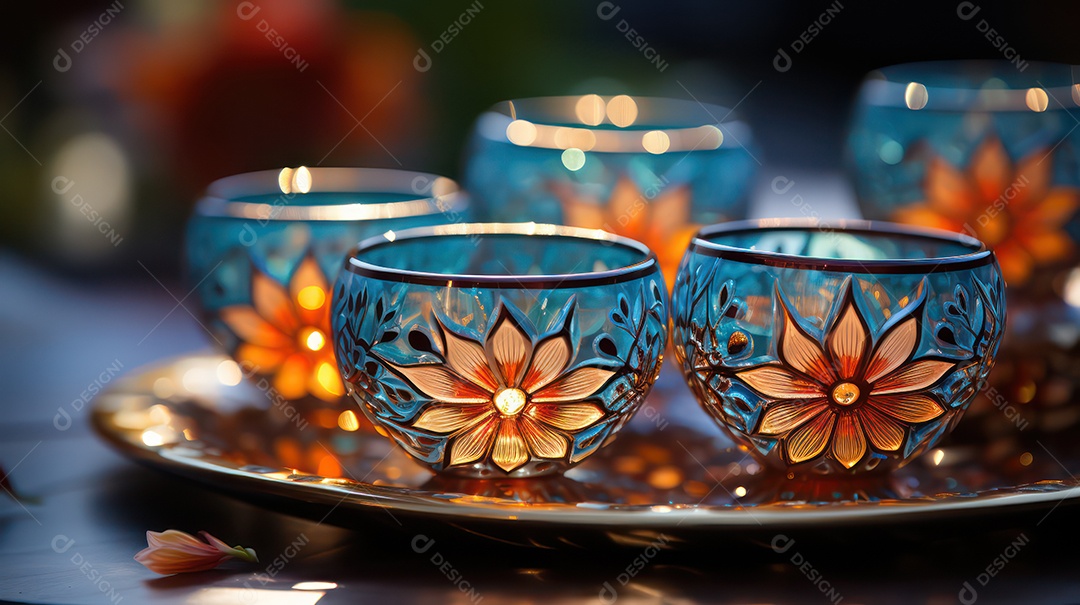 Tigelas de vidro feita à mão com padrões islâmicos e lindos desenhos de flores.