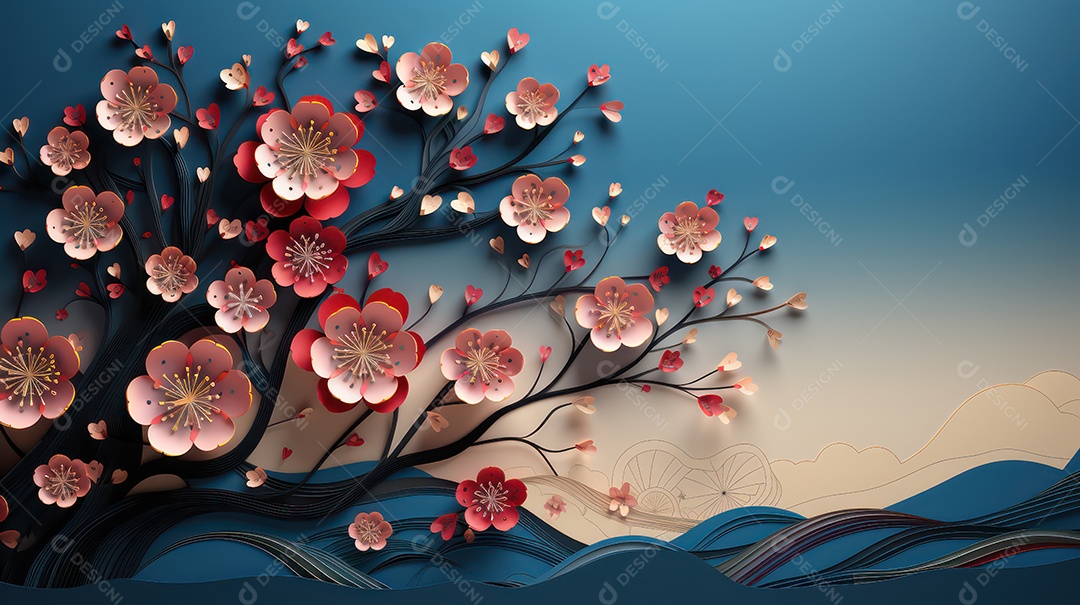 Fundo azul com flores brancas e rosas,