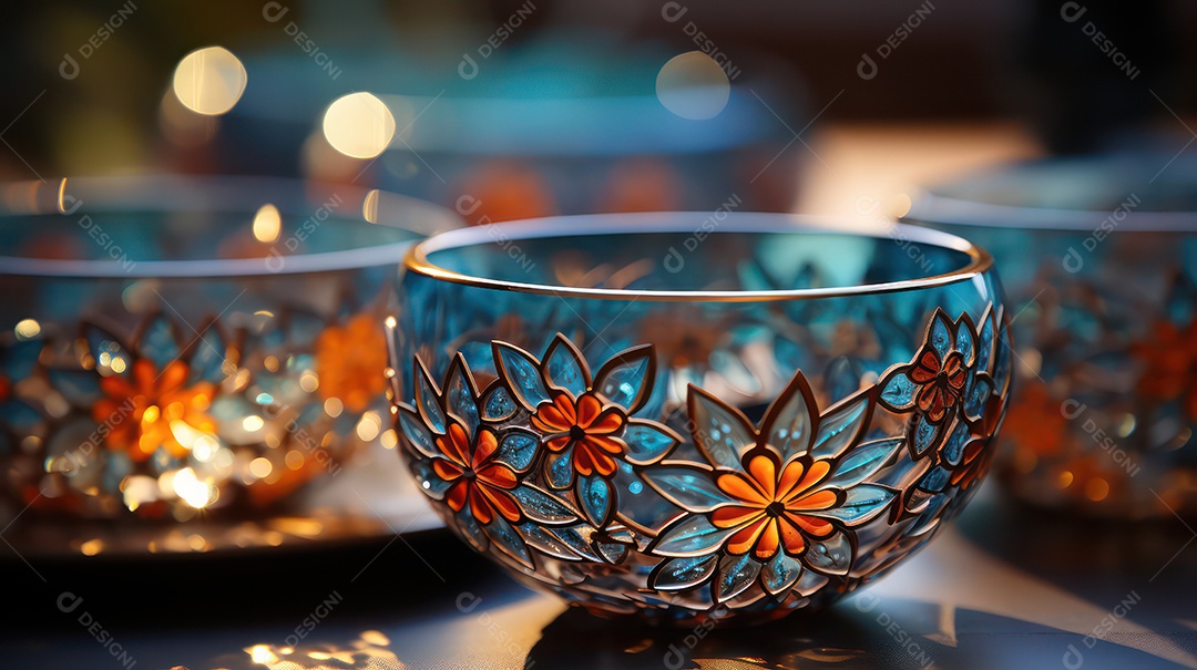 Tigela de vidro feita à mão com padrões islâmicos e lindos desenhos de flores.