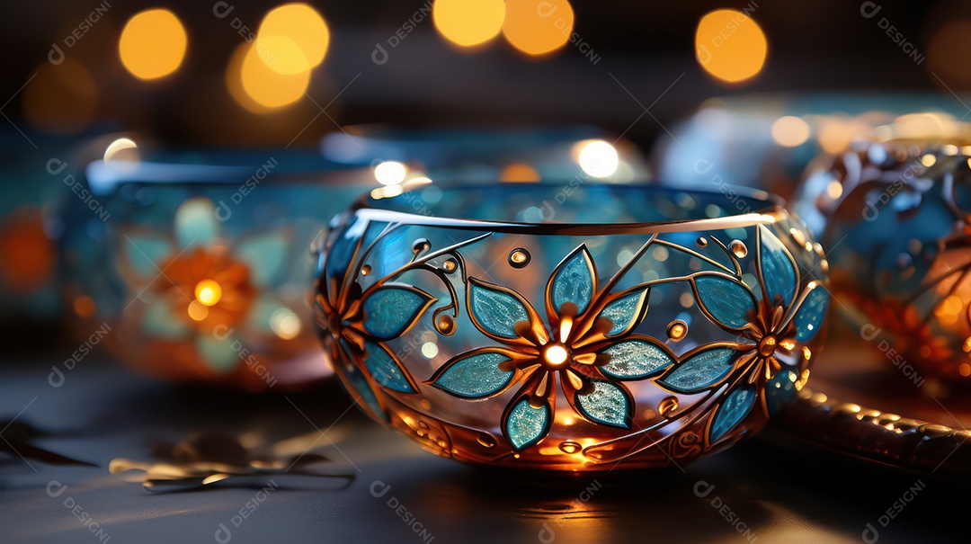 Tigela de vidro feita à mão com padrões islâmicos e lindos desenhos de flores.