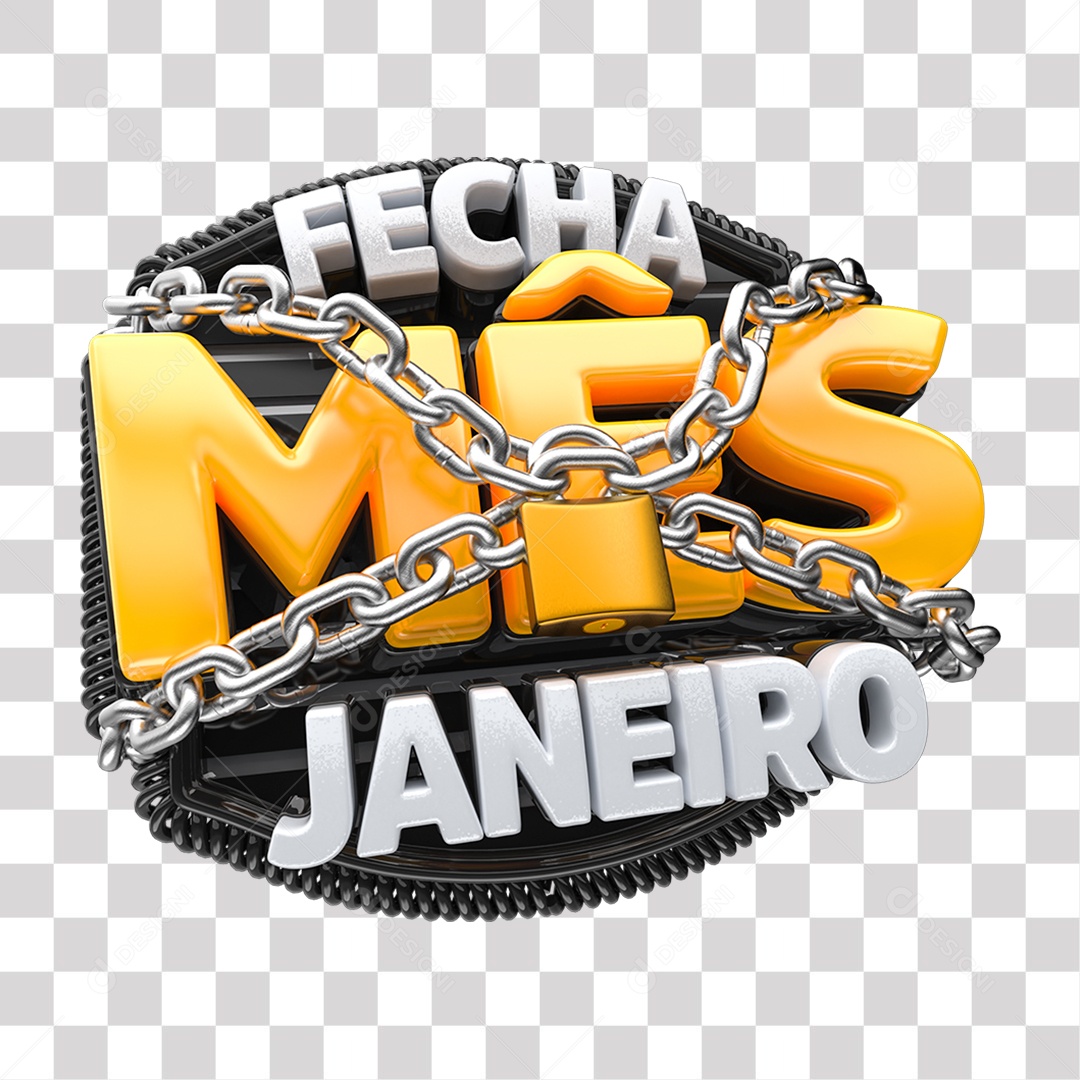 Selo 3D Fecha Mês Janeiro Amarelo e Cinza para Composição PNG Transparente