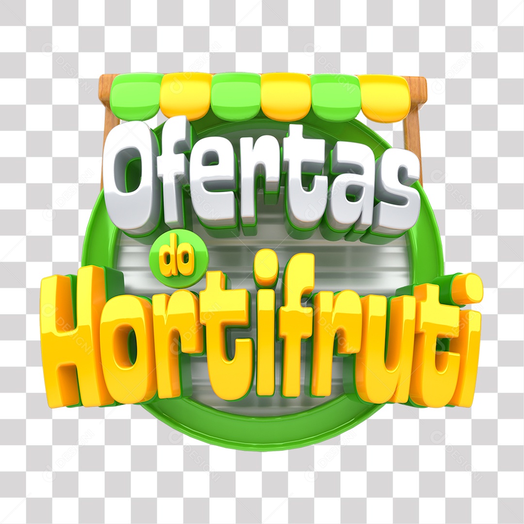 Selo 3D Ofertas do Hortifruti Amarelo Verde e Cinza para Composição PNG Transparente