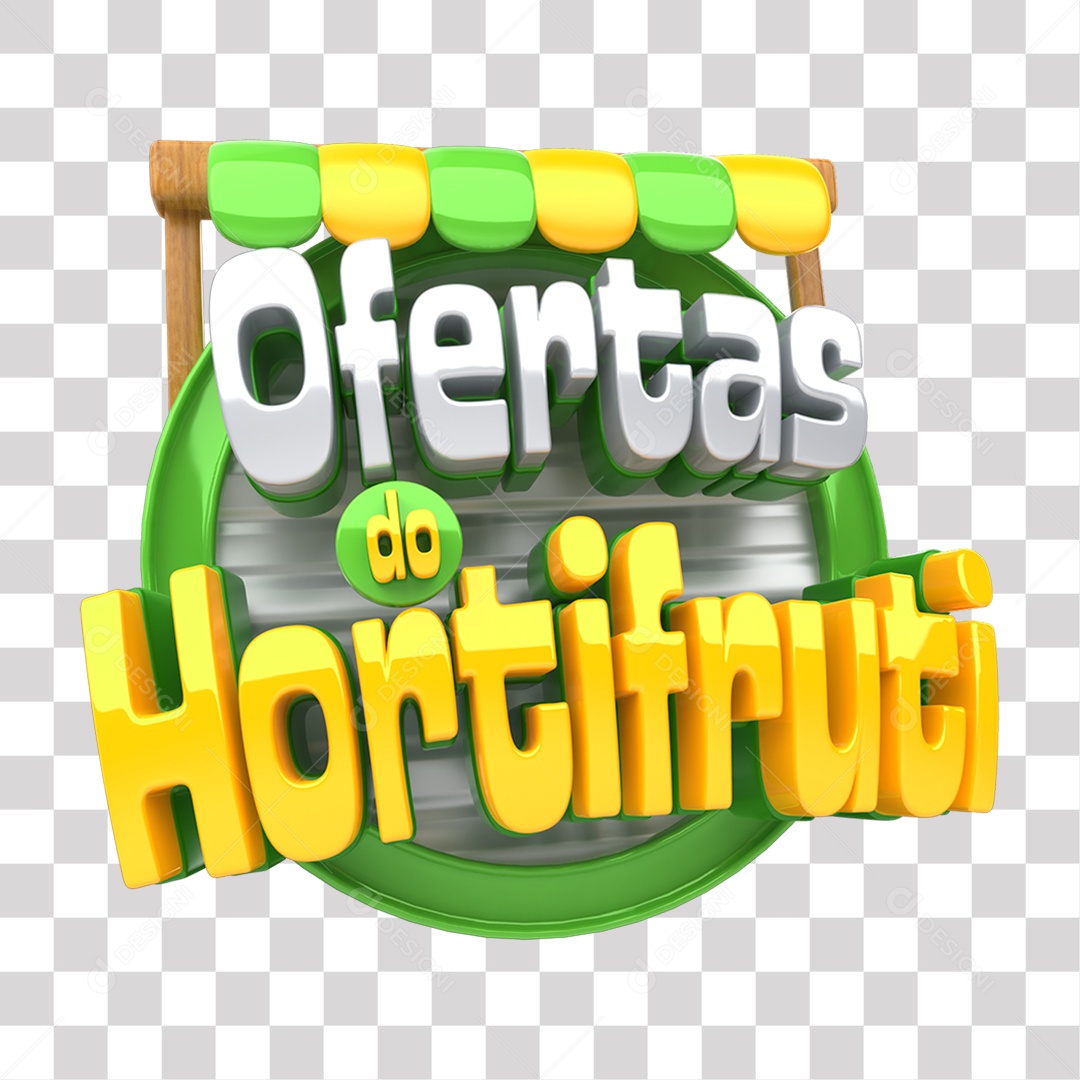 Ofertas do Hortifruti Selo 3D Amarelo Verde e Cinza para Composição PNG Transparente