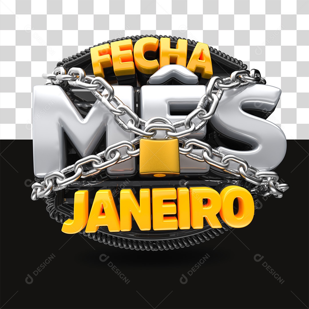 Fecha Mês Janeiro Selo 3D Amarelo e Cinza para Composição PSD
