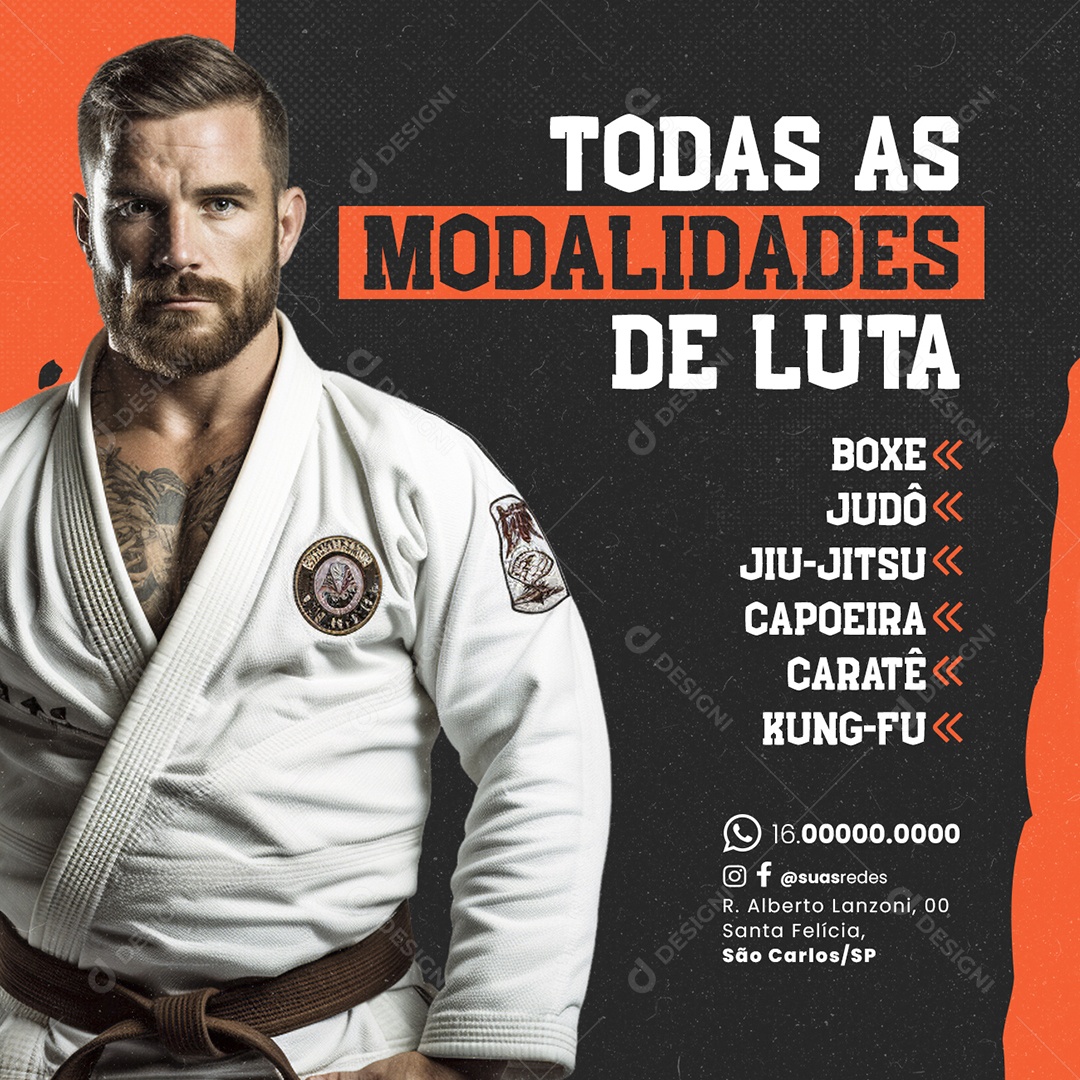 Escola de Lutas Todas as Modalidades de Luta Boxe Judô Jiu Jitsu Social Media PSD Editável