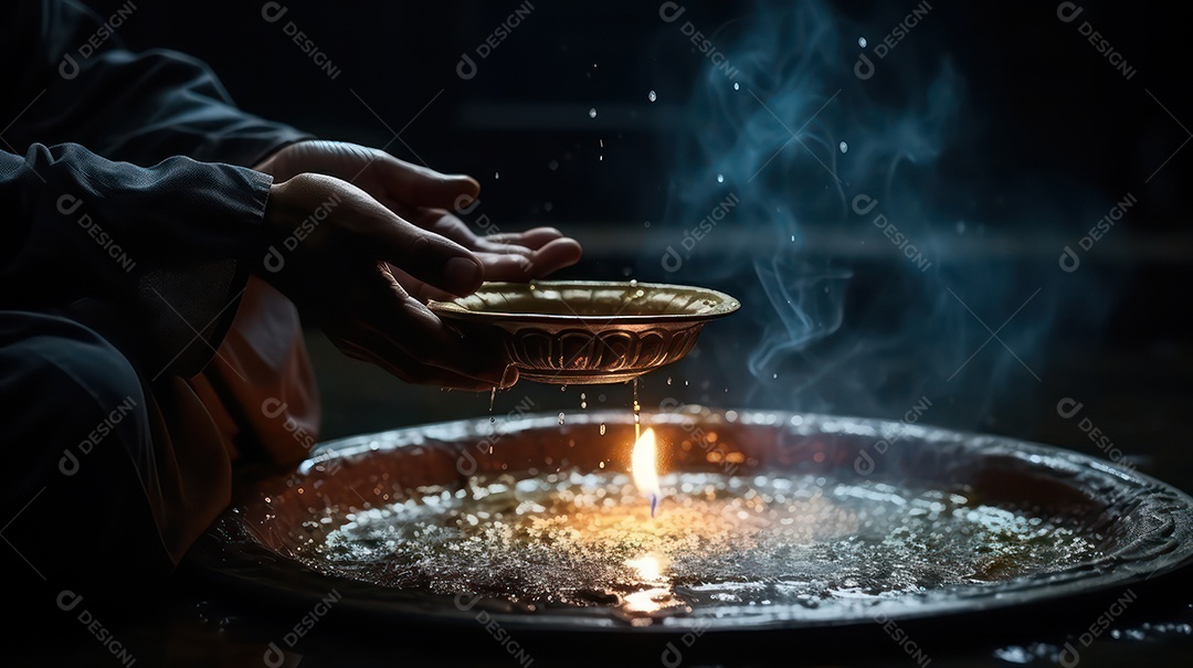 Pessoa com as mãos sobre um tigela com vela acesa.