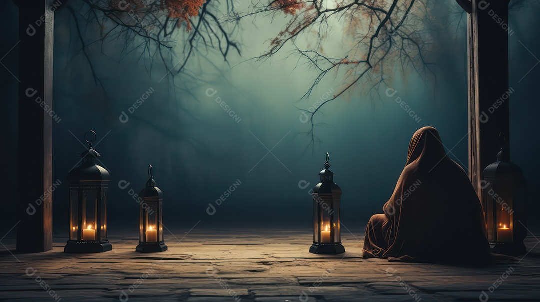 Pessoa  muçulmana usando hijab rezando dentro de uma mesquita bonita e espaçosa