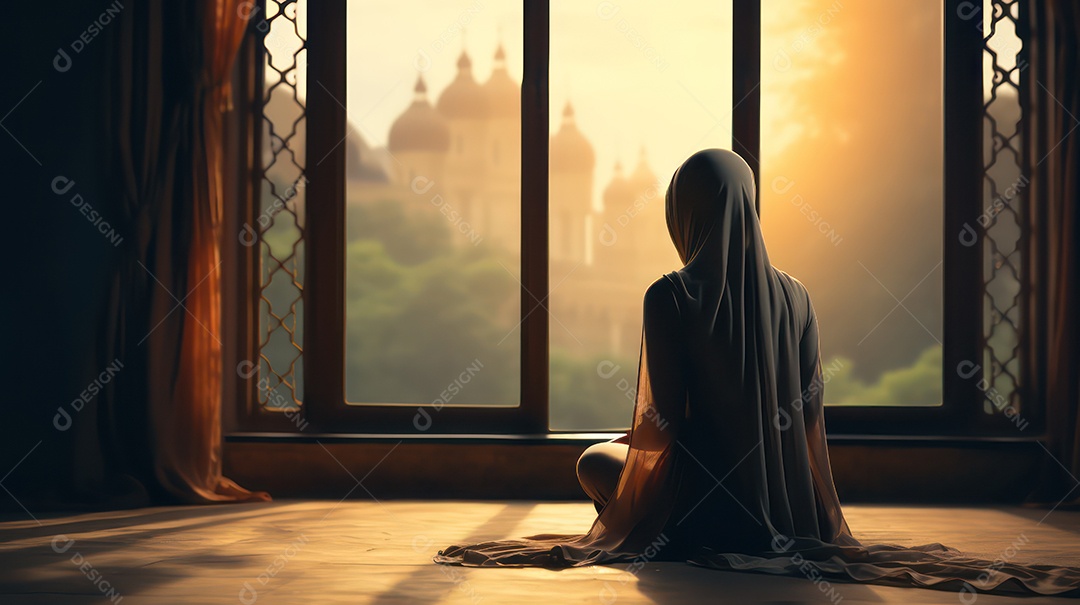 Mulher muçulmana usando hijab rezando dentro de uma mesquita bonita e espaçosa