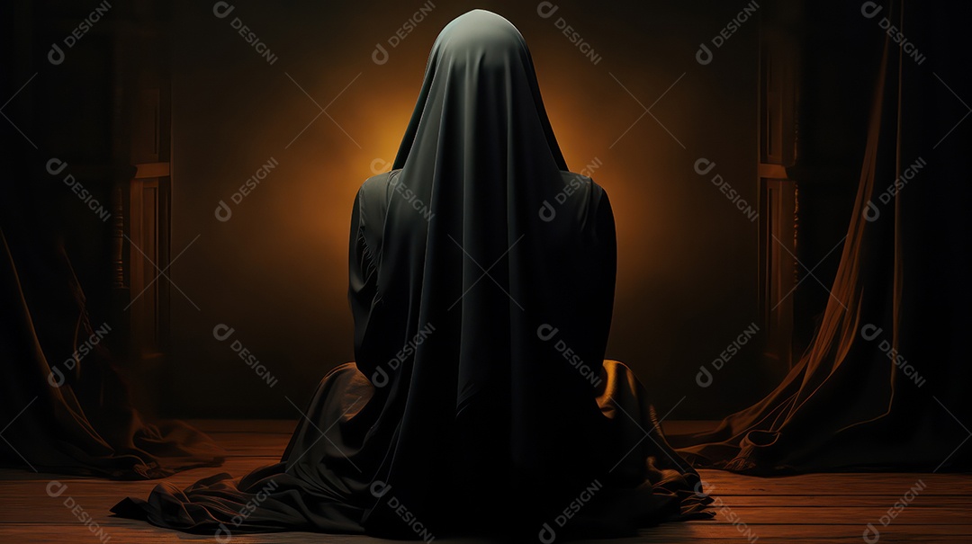 Mulher muçulmana usando hijab rezando dentro de uma mesquita bonita e espaçosa,