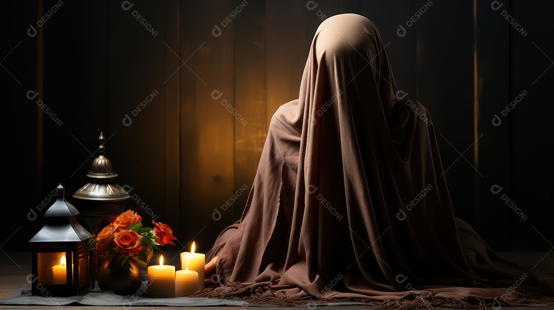 Mulher muçulmana usando hijab rezando dentro de uma mesquita bonita e espaçosa,