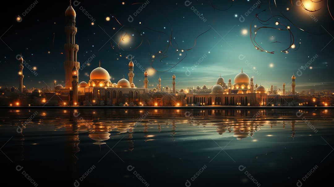 Lago com vista para as mesquitas com iluminação noturna,