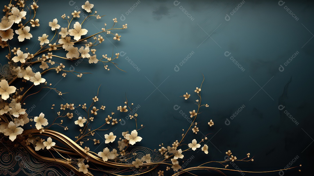 Fundo preto e azul com flores e folhas douradas.