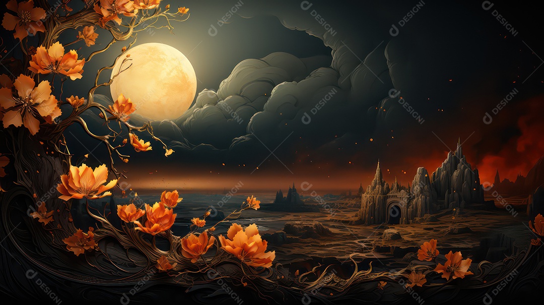 Luar iluminando terreno com castelos