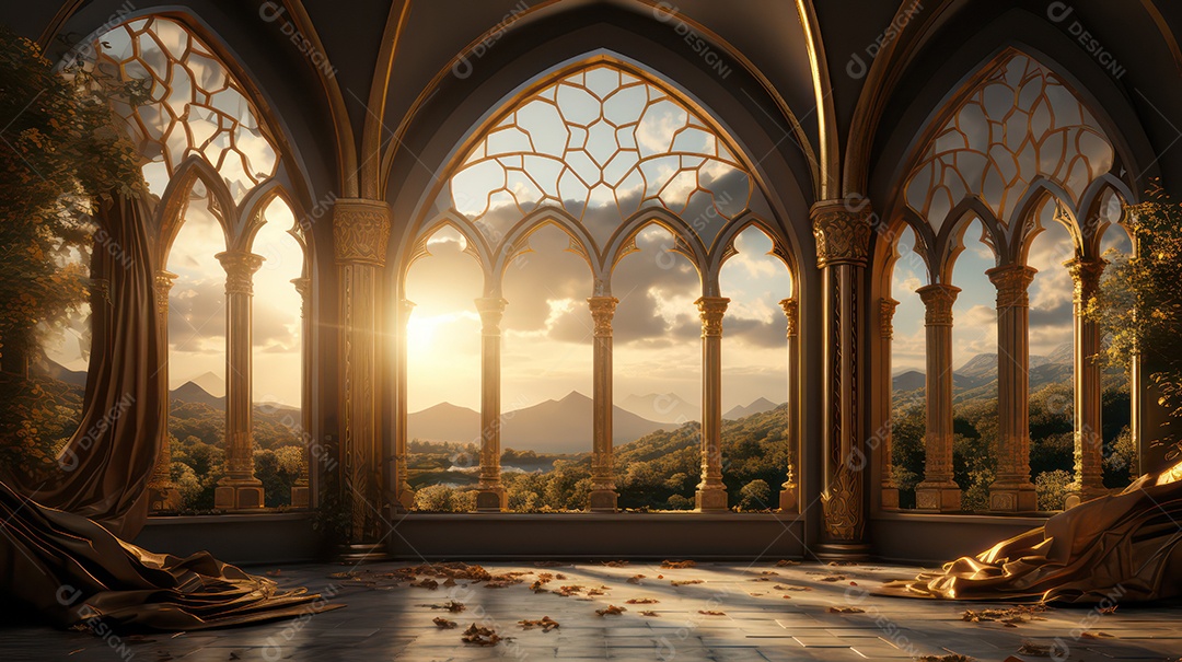 Luar brilhando através da janela para o interior de uma mesquita islâmica com lanternas penduradas