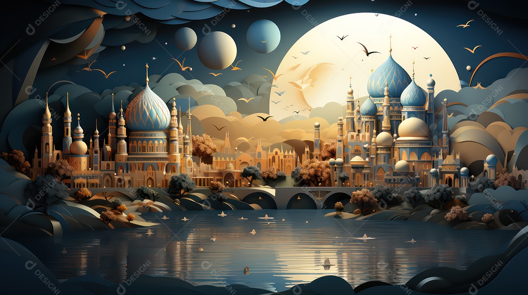 Luar iluminado as mesquitas e lago.