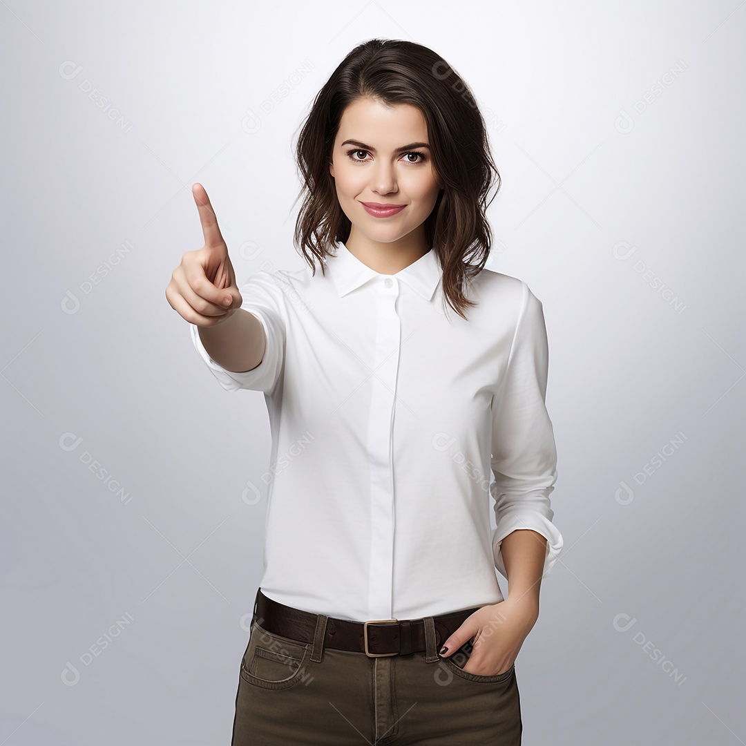 Foto realista de uma mulher profissional alegre apontando para o lado