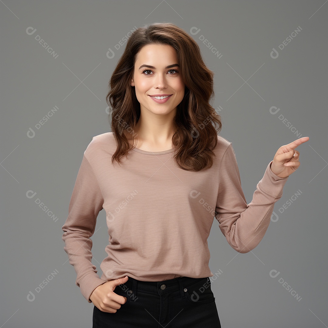Foto realista de uma mulher profissional alegre apontando para o lado