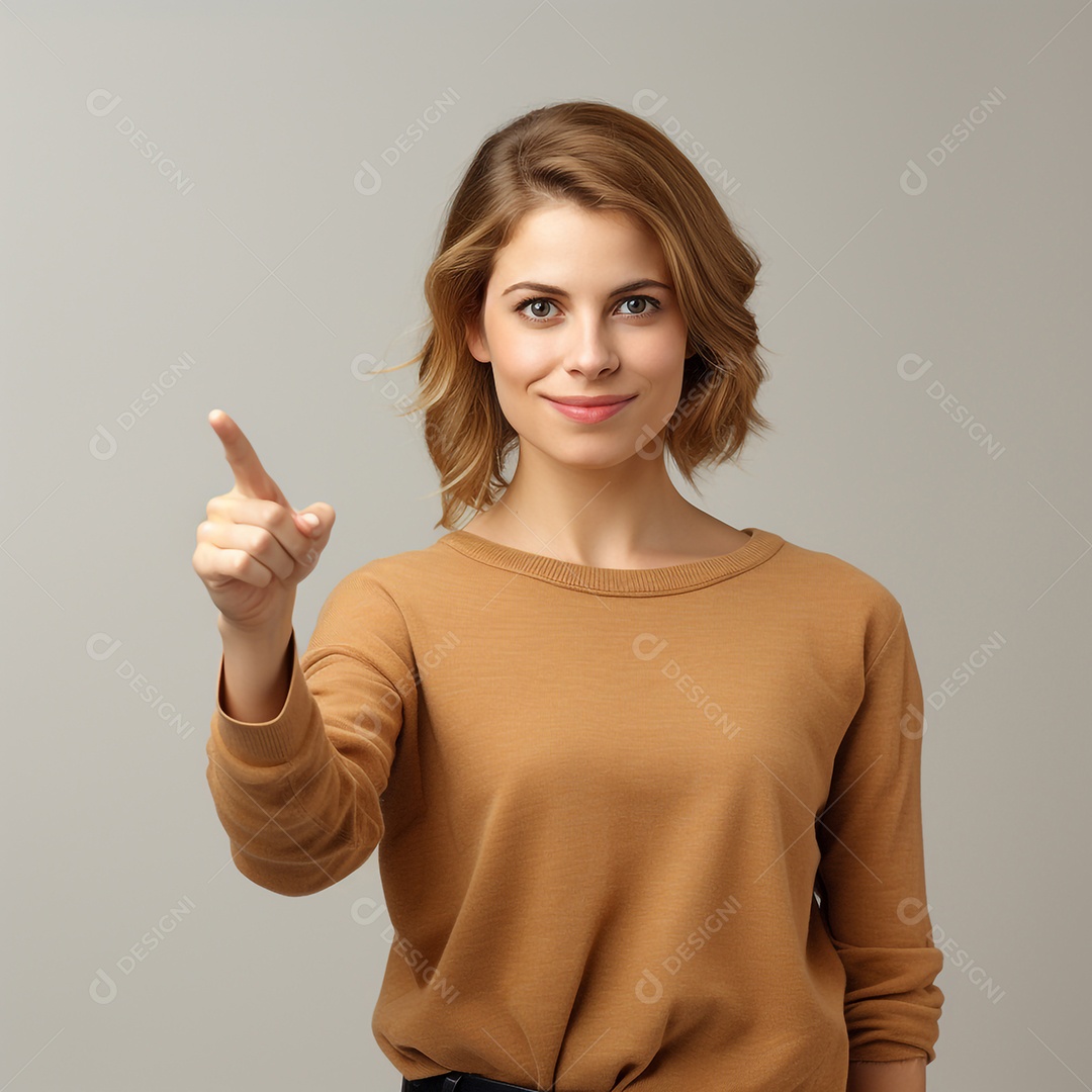 Linda mulher moderna apontando para frente