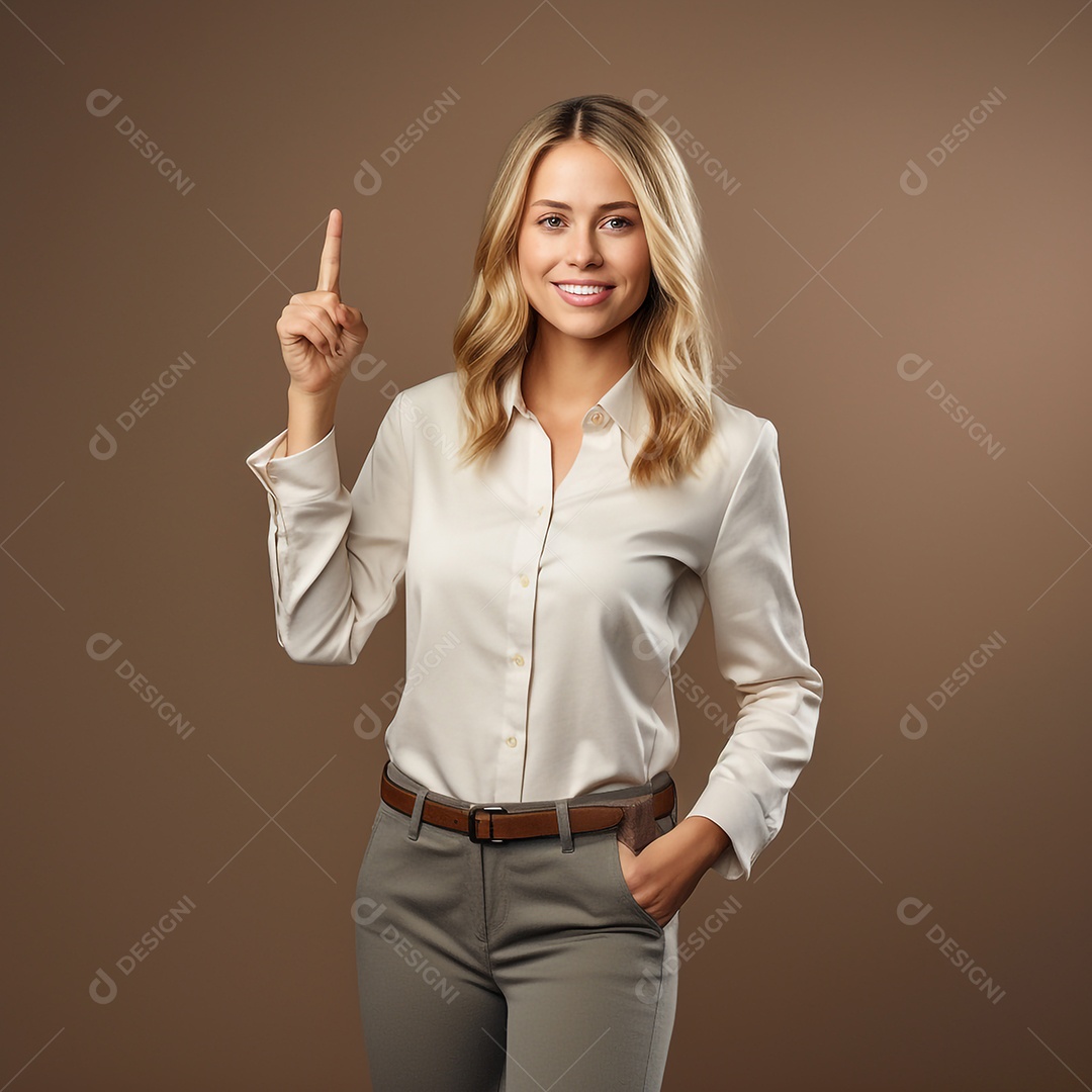 Linda mulher sorridente apontando para cima