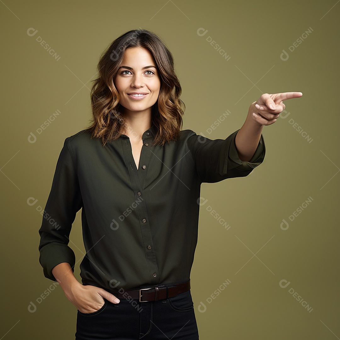 Beautiful woman pointing to the side and smiling