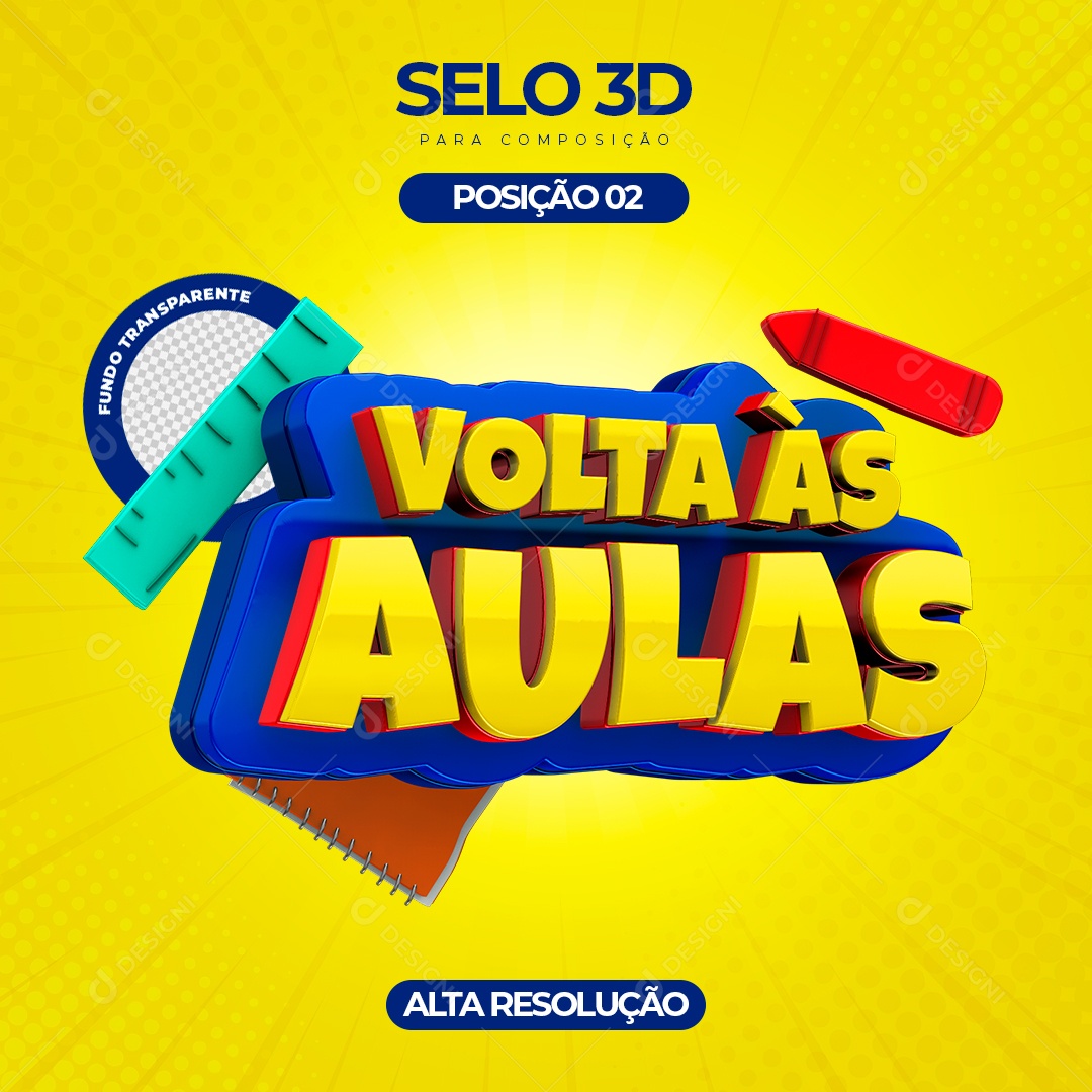 Volta às Aulas Selo 3D Amarelo Azul para Composição PSD