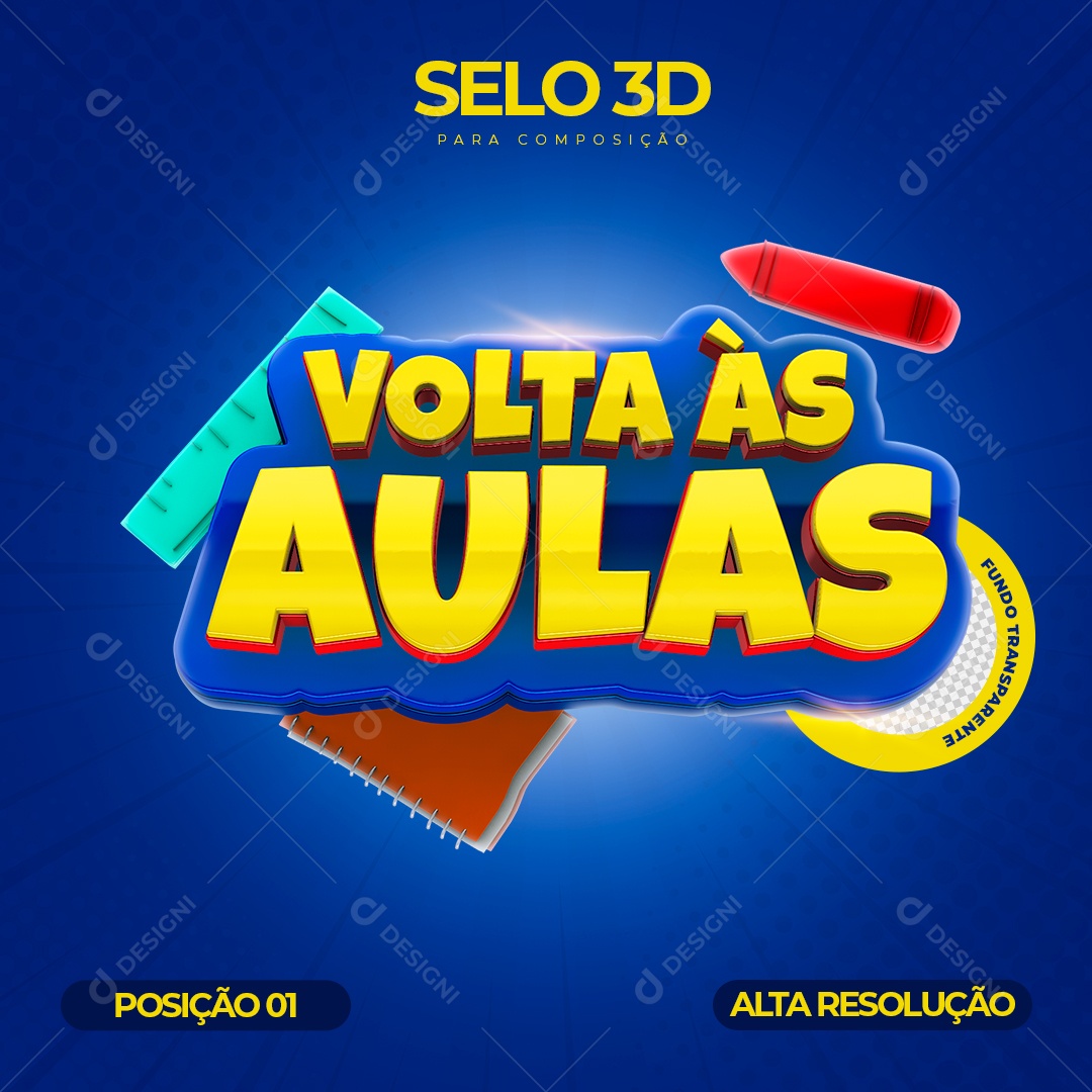 Volta às Aulas Azul Amarelo Selo 3D para Composição PSD