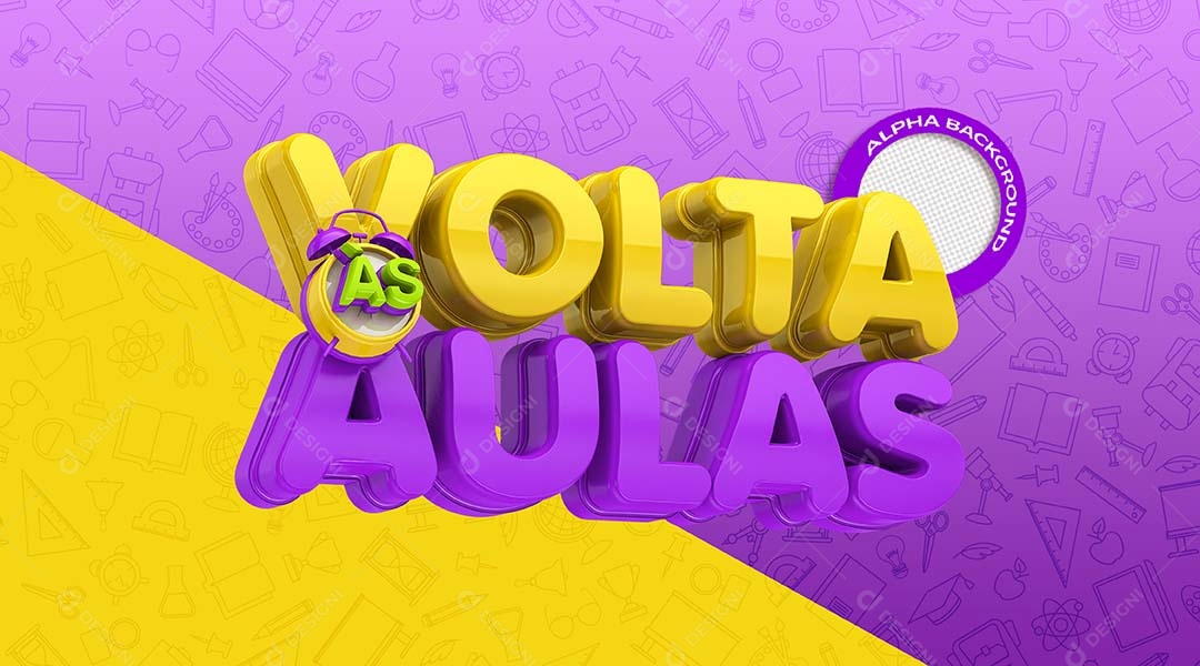 Volta às Aulas Selo 3D Amarelo Roxo para Composição PSD