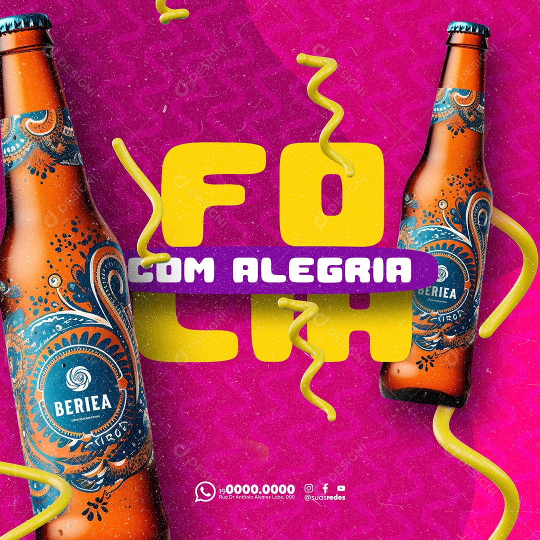 Carnaval Distribuidora de Bebidas Folia com Alegria Cerveja Bariea Long Neck Social Media PSD Editável