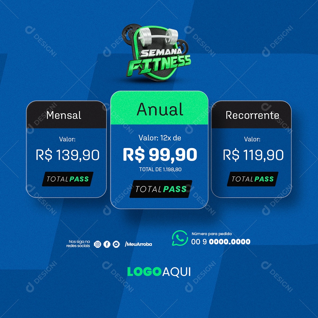 Semana Fitness Academia Planos Mensal Anual Recorrente Social Media PSD Editável