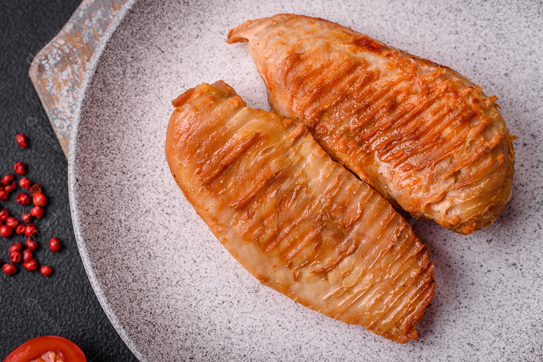 Delicioso filé de frango grelhado fresco com especiarias e ervas em um fundo escuro de concreto. Um prato cozido no fogo