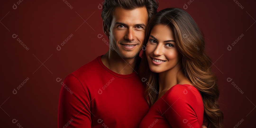 Lindo casal de jovens abraçados usando roupas vermelhas combinado em HD sobre fundo vermelho isolado IA