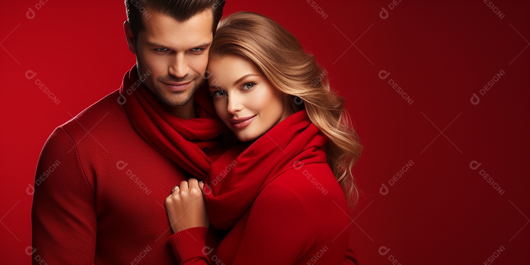 Lindo casal de jovens abraçados usando roupas vermelhas combinado em HD sobre fundo vermelho isolado IA