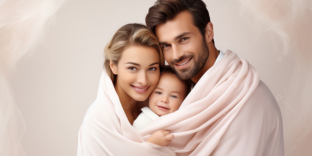 Bela família de pele clara enrolados em manta rosa em HD sobre fundo branco isolado IA