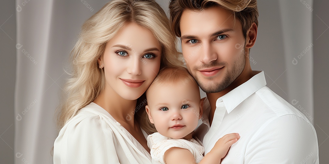 Bela família de pele clara com roupas brancas combinando em HD sobre fundo branco isolado IA