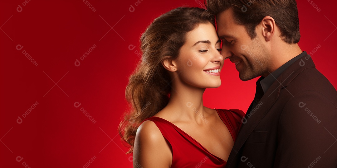 Lindo casal de jovens abraçados em HD sobre fundo vermelho isolado IA