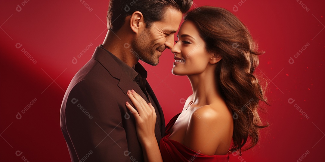 Belo casal de jovens fofos e sorridentes  em HD sobre fundo vermelho isolado IA