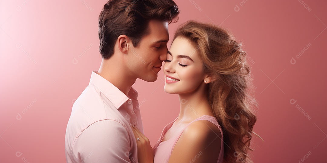 Belo casal de jovens fofos e sorridentes  em HD sobre fundo rosa isolado IA