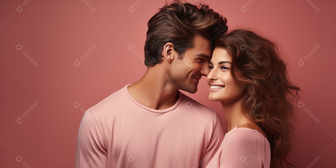 Belo casal de jovens fofos e sorridentes  em HD sobre fundo rosa isolado IA