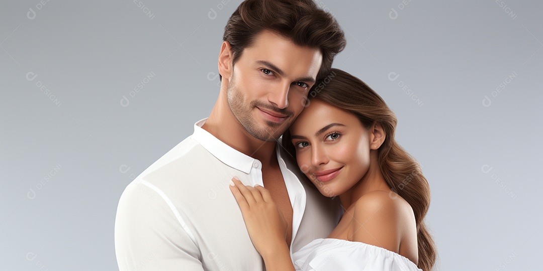 Belo casal de jovens fofos e sorridentes  em HD sobre fundo branco isolado IA