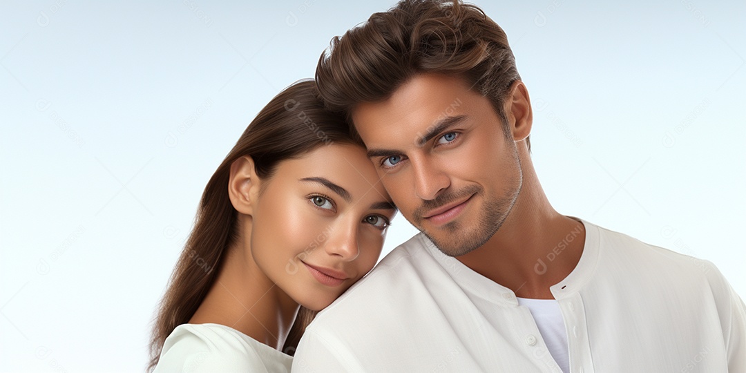 Belo casal de jovens fofos e sorridentes  em HD sobre fundo branco isolado IA