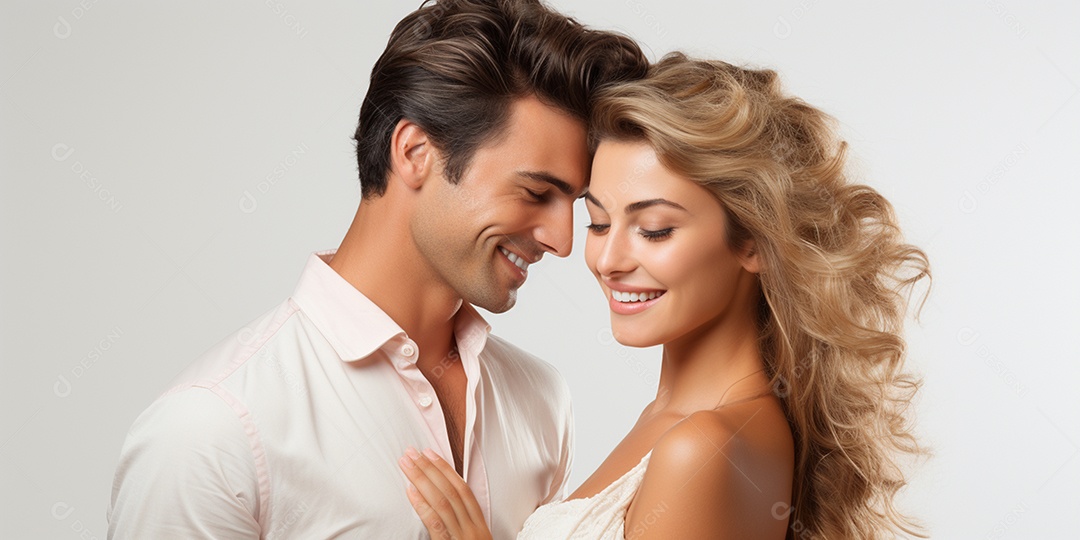 Belo casal de jovens fofos e sorridentes  em HD sobre fundo branco isolado IA