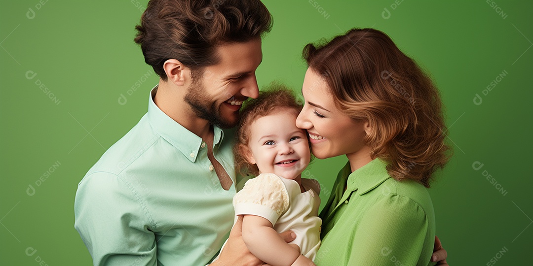 Casal e filha fofos soridende pele branca em hd sobre fundo verde isolado IA