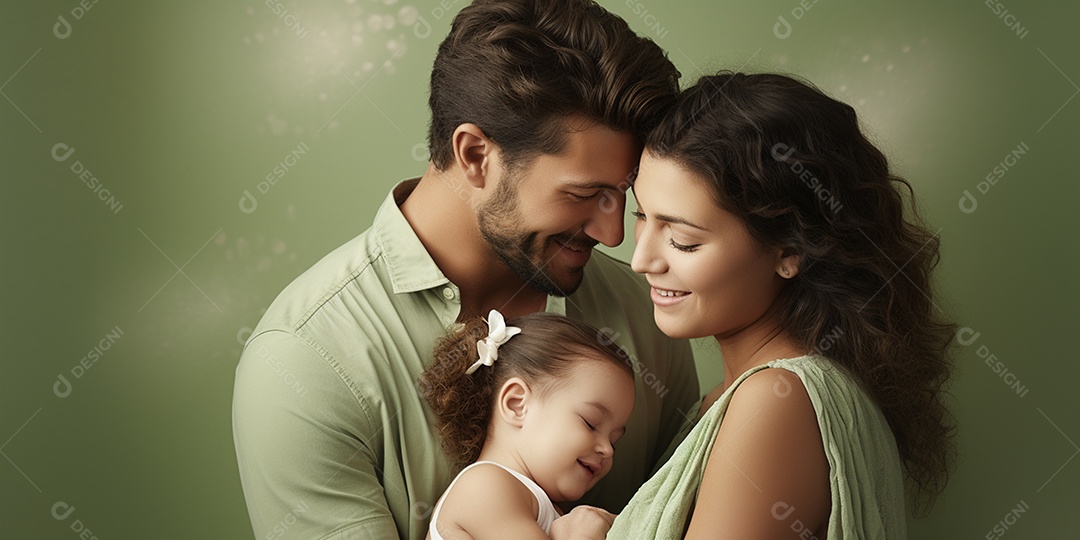 Casal e filha fofos soridende pele branca em hd sobre fundo verde isolado IA
