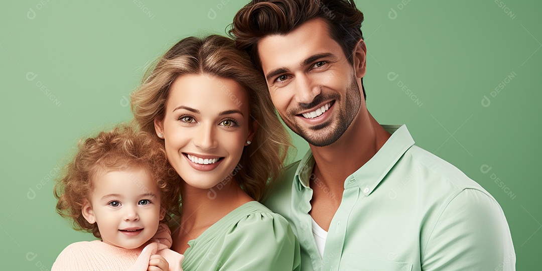 Casal e filha fofos soridende pele branca em hd sobre fundo verde isolado IA