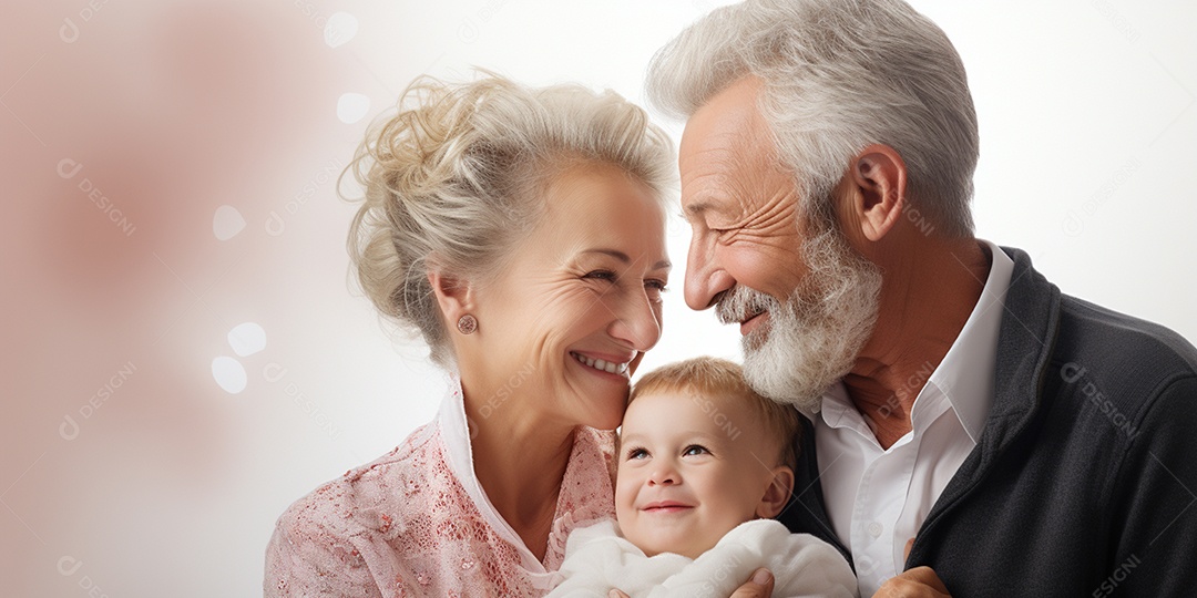 Casal de idosos fofos em hd com bebê em fundo branco isolado IA