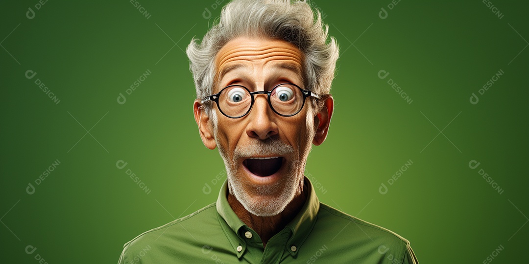Belo velho com expressão de surpresa sobre fundo verde em hd isolado