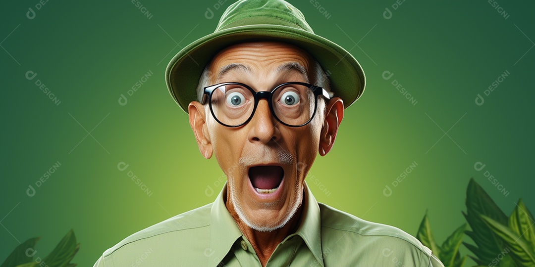 Belo velho com expressão de surpresa sobre fundo verde em hd isolado